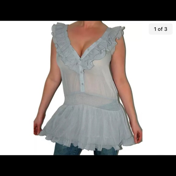 Grey Button-Up Ruffled Smocked Semi-sheer Tunic - Picture 4 of 7